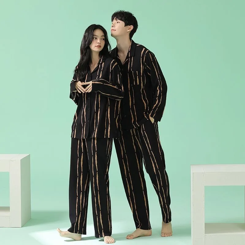 2024 New Couple Pajamas Spring Autumn Women's Cotton Long-Sleeved Striped High-Grade Homewear Men's Plus Size Sleepwear Suit