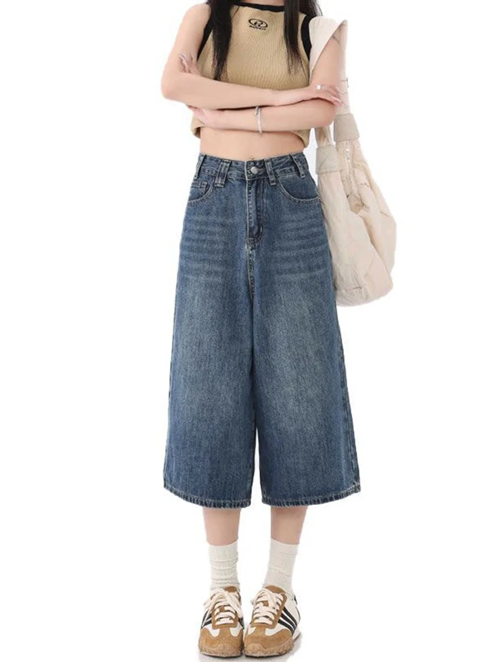 2022 Nieuwe zevendelige jeans met wijde pijpen voor dames in de zomer, dun, hoge taille, ontspannend, luie stijl, rechte buis vijfdelige middenp