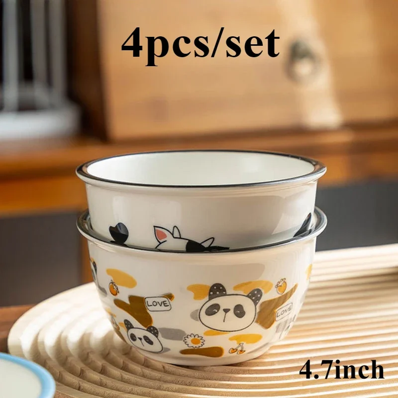 4pcs Cartoon Panda Ceramic Rice Bowl,Cute Salad Bowl Kitchen Dish Dip Dish,Creative Children's Soup Bowls, Moving Gift Set,4.7in
