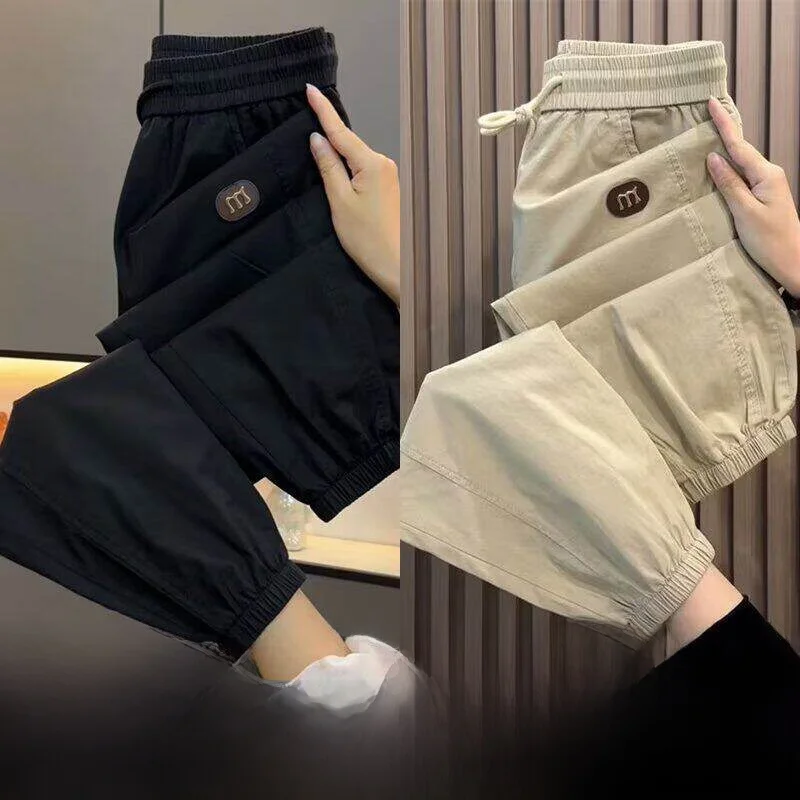 Women's Summer Ice Silk Thin Sport Pants Loose Cuffed Nine Points Casual Trousers Harlan Style Elastic Waist Polyester Fiber