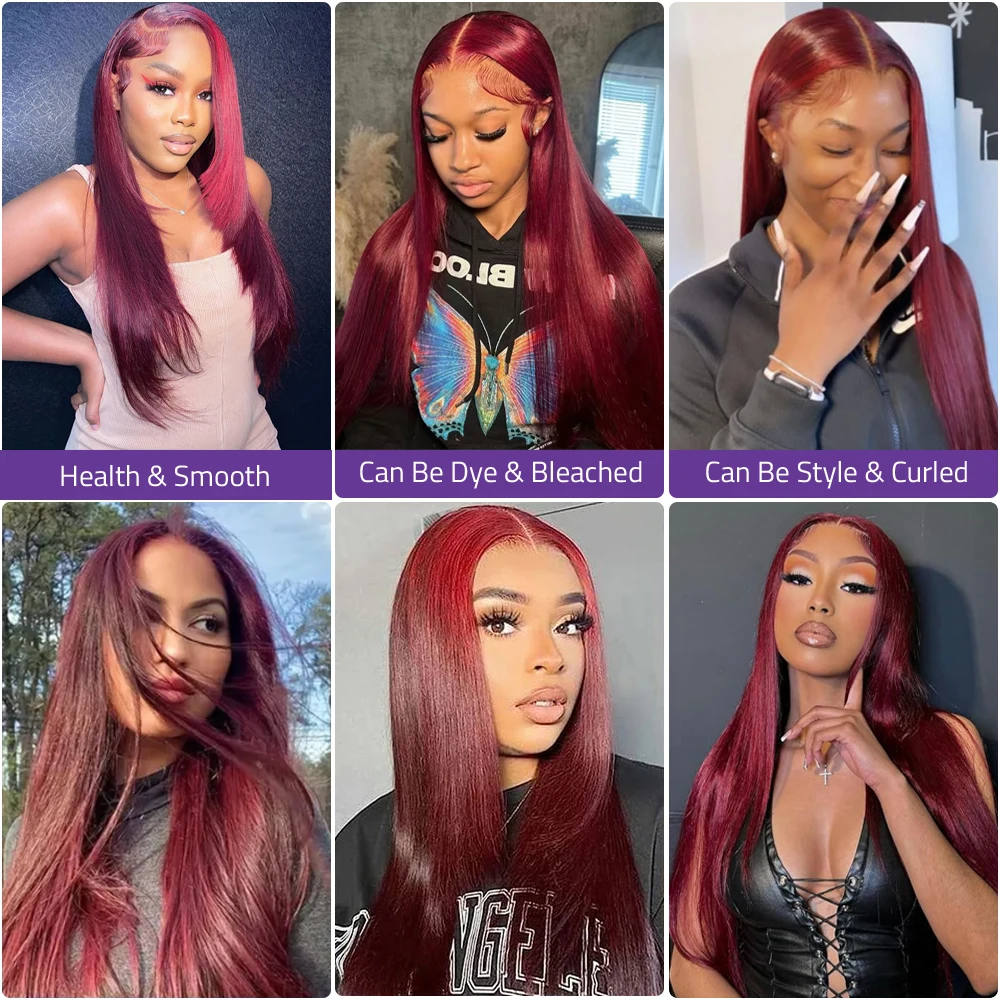 Parrucca diritta per capelli umani 99J Borgogna 13x6 HD Frontale in pizzo Parrucche per capelli umani al 100% 13x4 HD Parrucca per capelli umani in pizzo per le donne 200 Densità