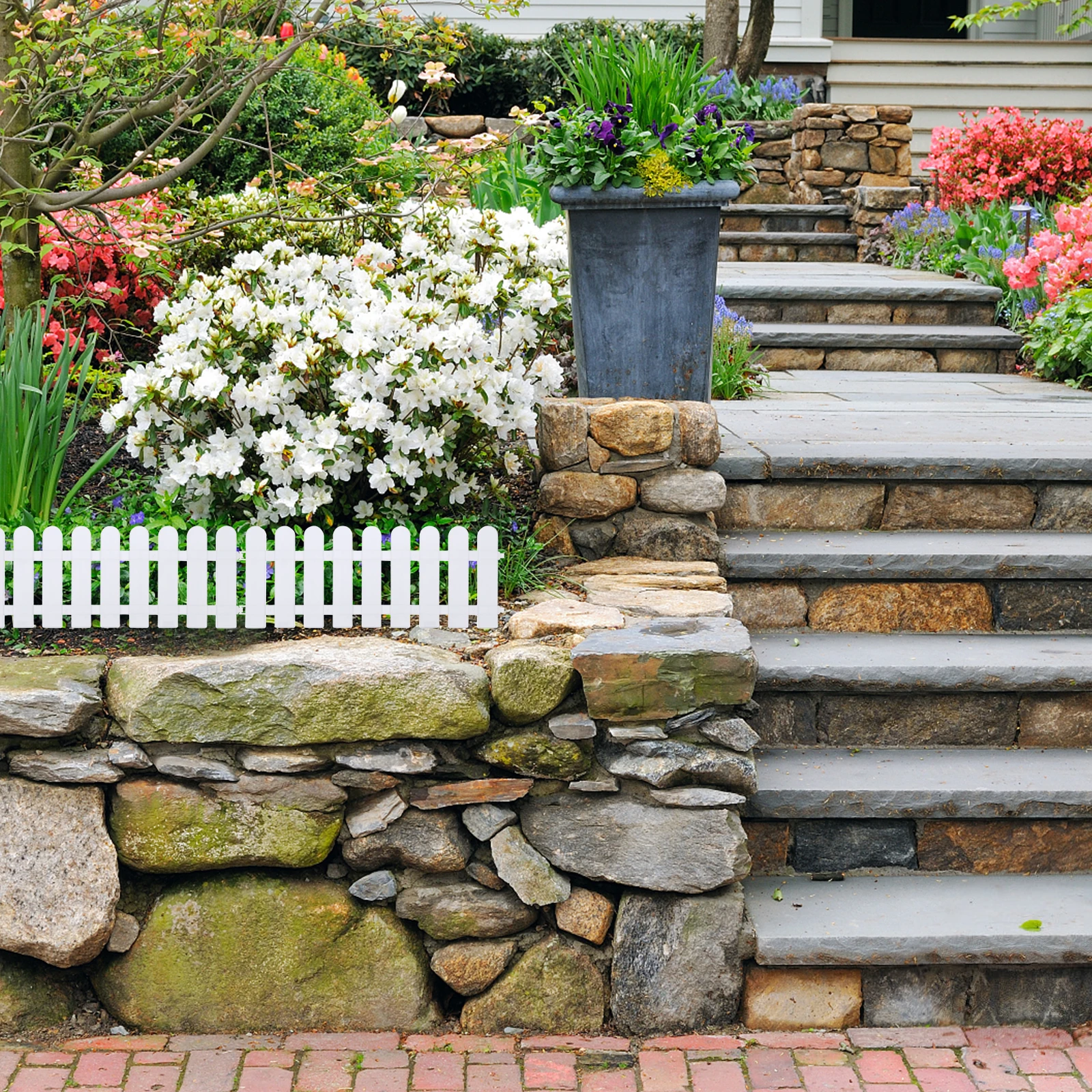 

4 Pcs White Fence 50x13 Reinforced Round Head Ground Plugs Plastic Garden Picket Fence Durable Weather Resistant Outdoor Use