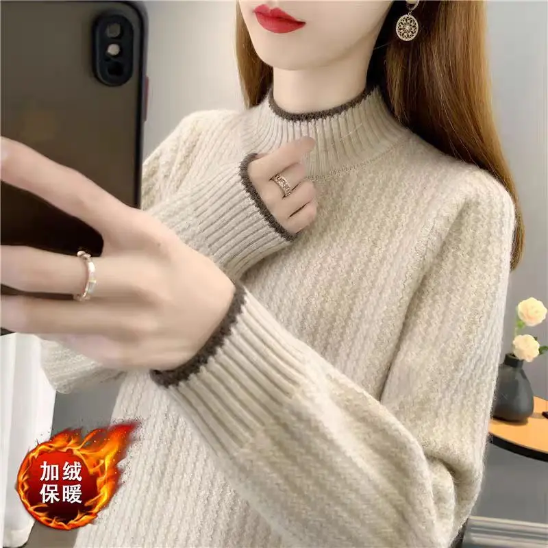 Half High Collar and Thick Velvet Sweater for Women with a Stylish Loose Fit and Explosive Knit Base Top