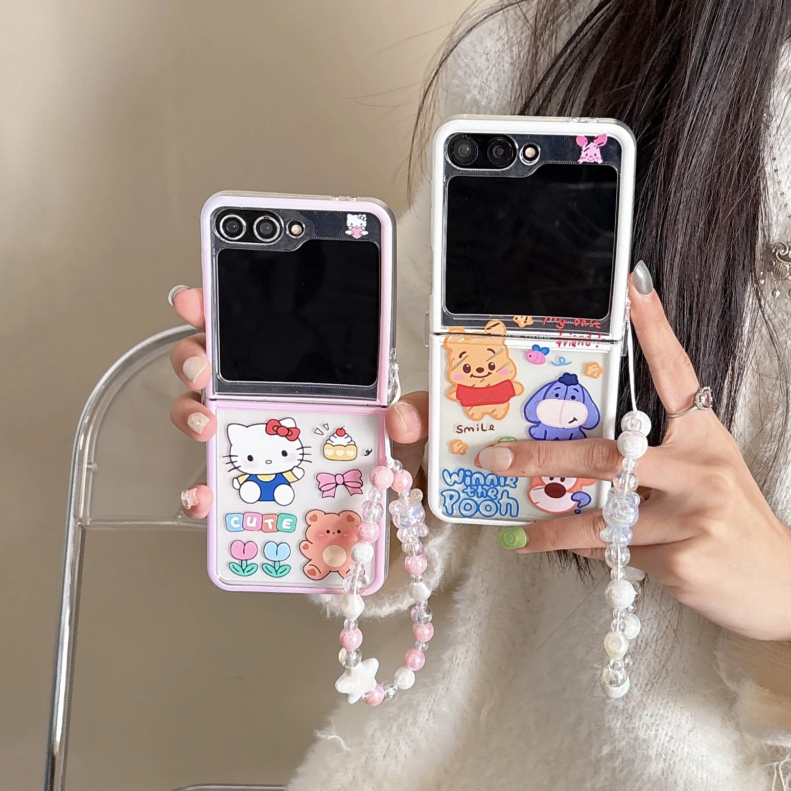 Cartoon Pooh Bear With Lanyard phone Case for Samsung Galaxy Z Flip 6/5 Z Flip 4/3 Kawaii Hello Kitty Lucency Protect Rear Cover