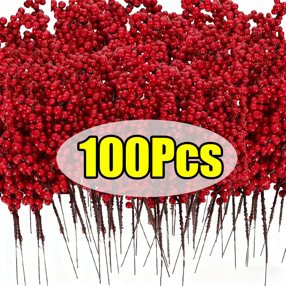 

1-100 шт., рождественские красные ягоды, стебли, искусственные ягоды падуба, имитация красных ягод, искусственный домашний декор, сделай сам, рождественский венок