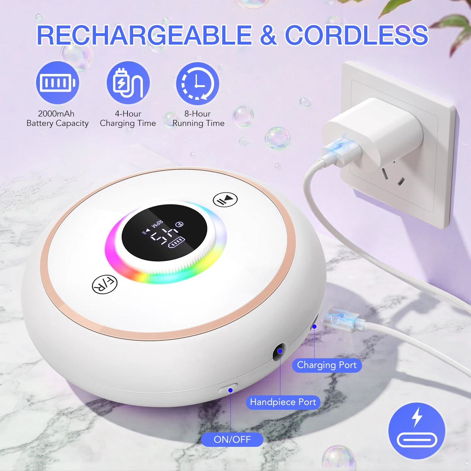 Ponceuse à ongles électrique professionnelle 45000 tr/min, perceuse à ongles Portable, ponceuse à ongles Rechargeable avec stylos de Base pour manucure Sal