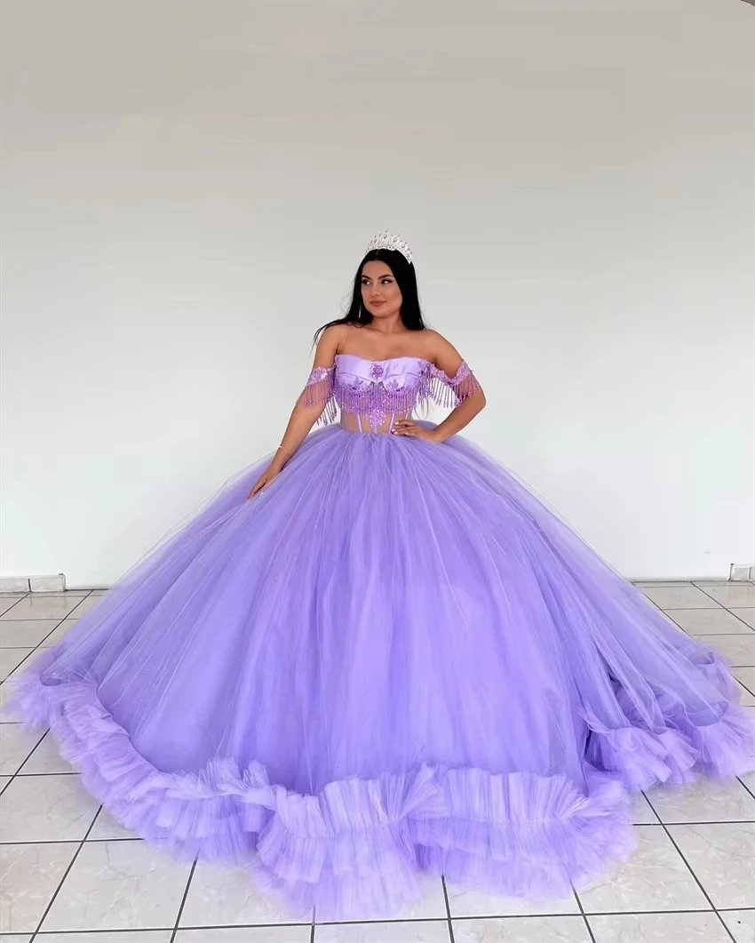 ANGELSBRIDEP Lavender Quinceanera Dresses Beading Ruffles Off-Shoulder Vestidos De 15 Anos Birthday Party Ball Gown Customized