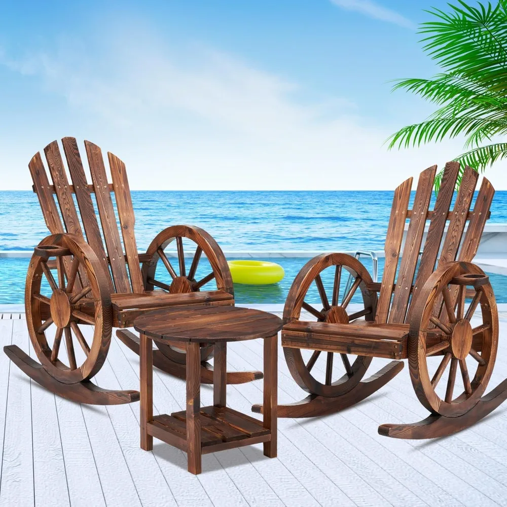 

Outdoor Wooden Rocking Chairs Set, Wagon Wheel Armrest Yard Glider Patio Chair with Small Table for Coffee Break, Adirondack Ro