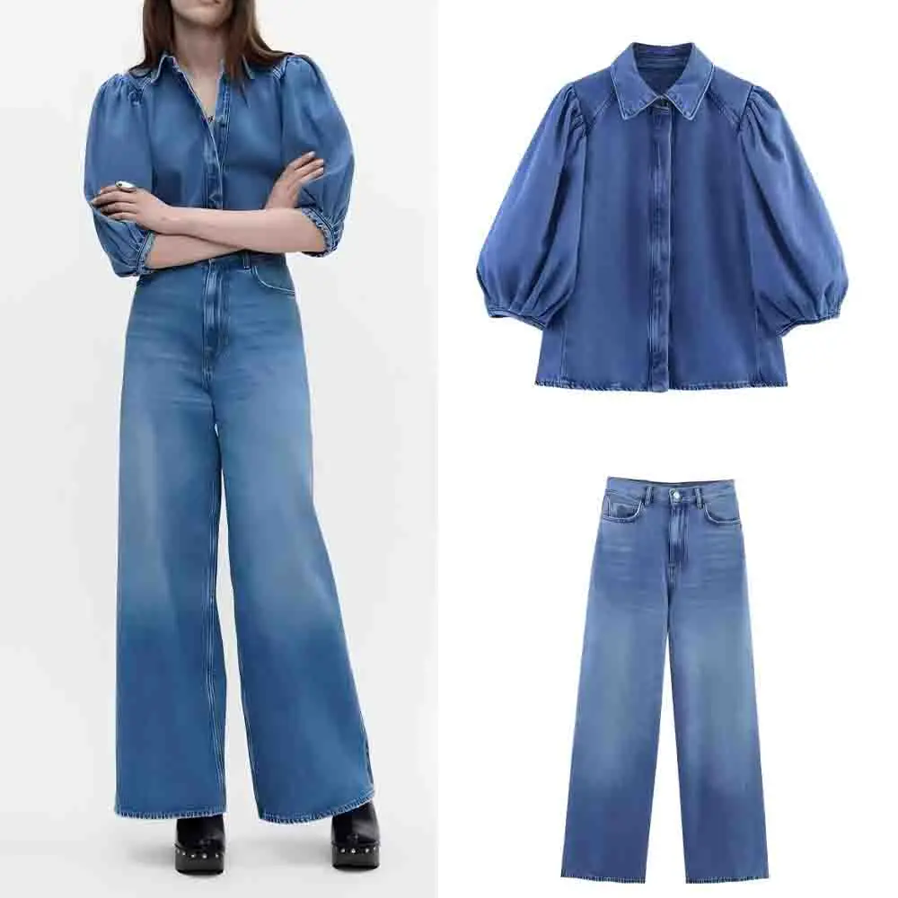 

Women's New fashion Casual Single breasted Lapel Denim Shirt Retro Bubble Sleeve Women's Shirt Chic Top+Jeans Women's Suit