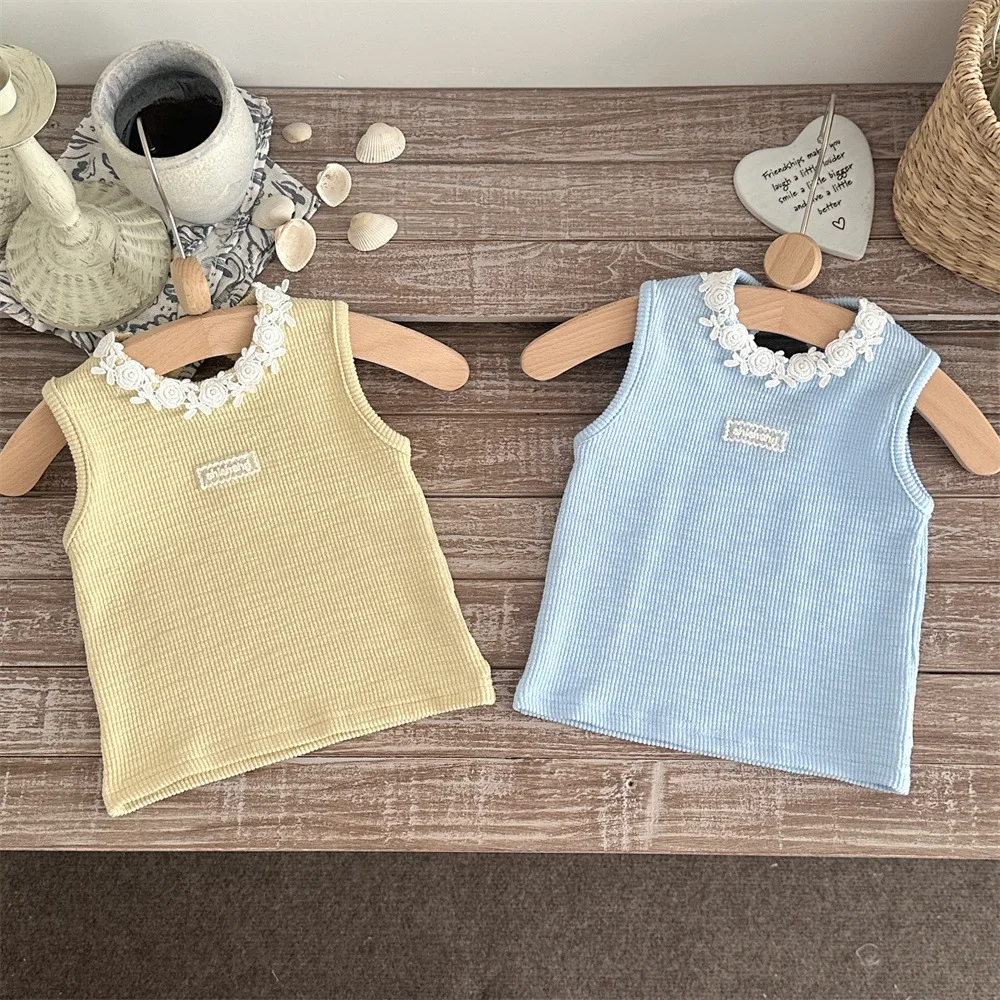 6M-2Y Summer Casual Baby T-shirt Rose Lace Collar Sleeveless Top for Toddler Girls Breathable Cotton Infant Clothes