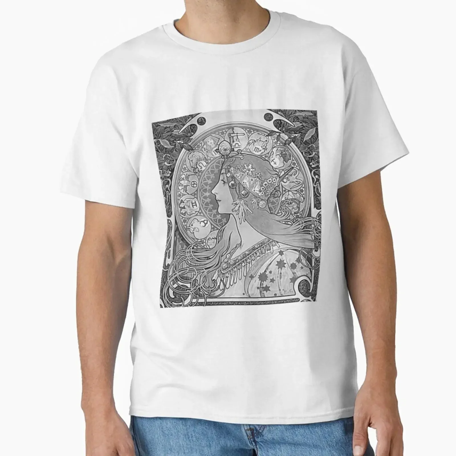 Alphonse mucha zodiac black and white designed sold by Vivanne art vintage Washed Versatile streetwear graphic fashion Casual