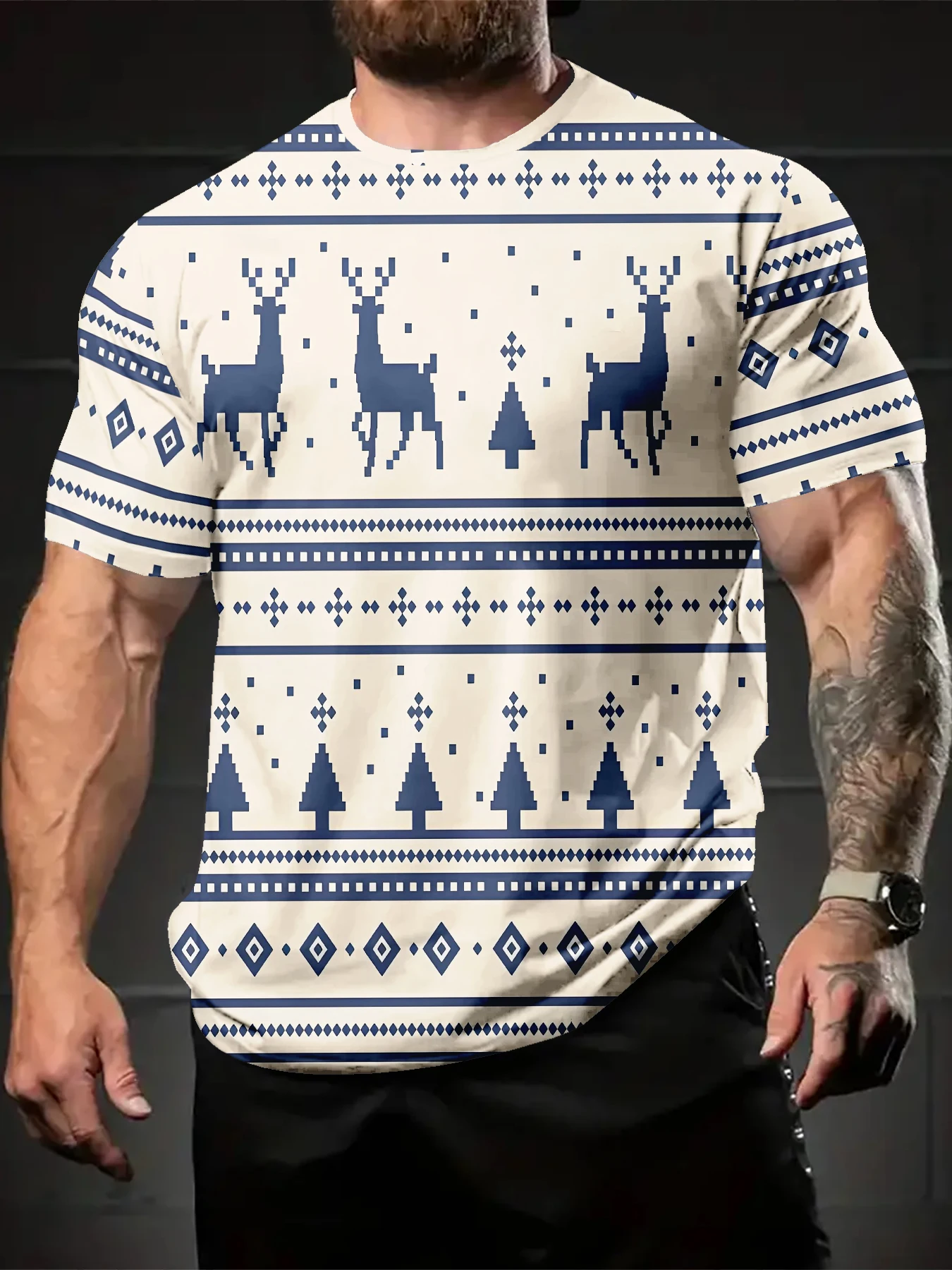 Men Crew Neck Short Sleeve T-Shirt, Pixel Deer And Pine Tree Geometric Striped Print
