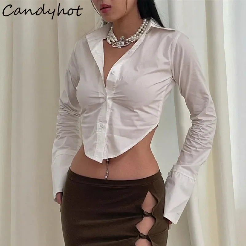 Candyhot Sexy Turn-down Collar White Blouse Elegant Casual Slim Button Up Cardigan Crop Top Fashion Women Exposed Navel Camis