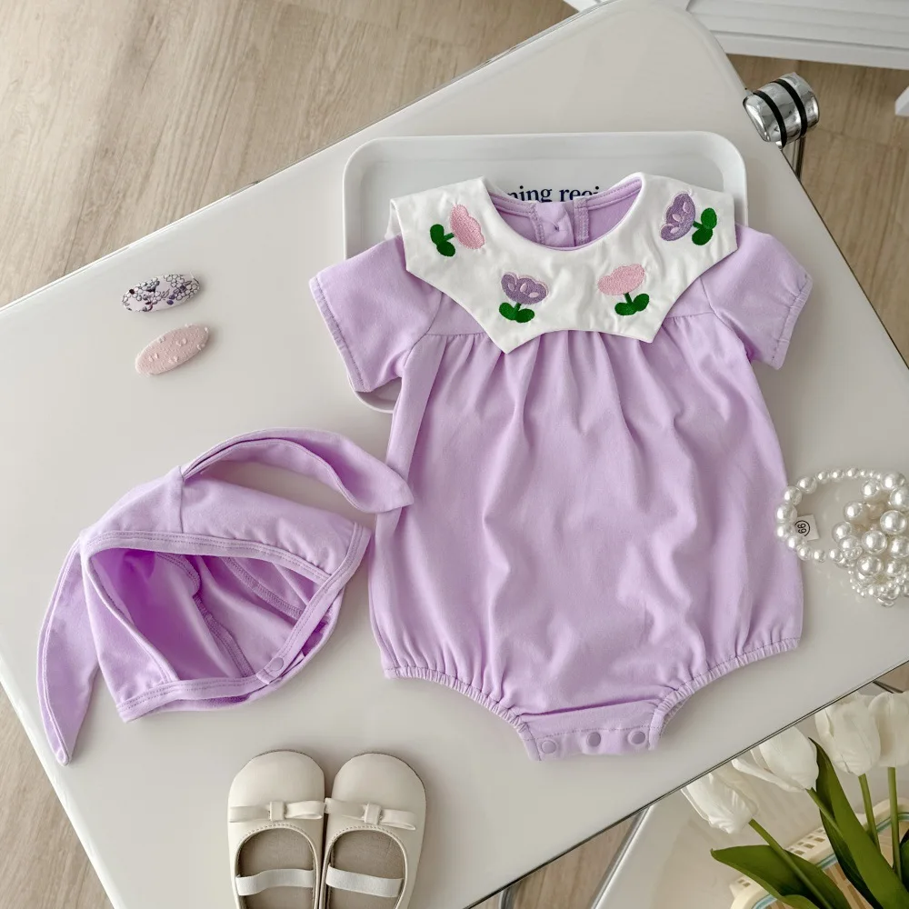 0-2Y Summer Baby Girls Clothes Toddler Girls Bodysuit &One Piece Tulip Embroidery Clothing With  Hat