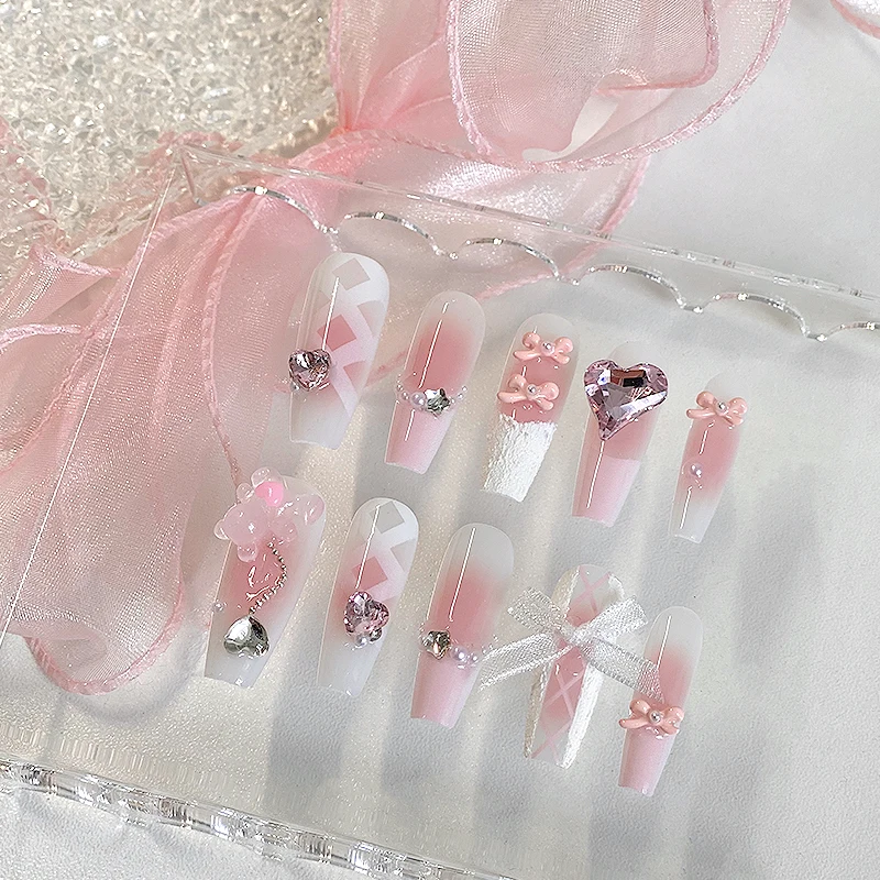 Nail art en forme de cercueil fait à la main, beaux faux ongles, nail art d'amour romantique rose et blanc, adapté aux femmes, 10 pièces