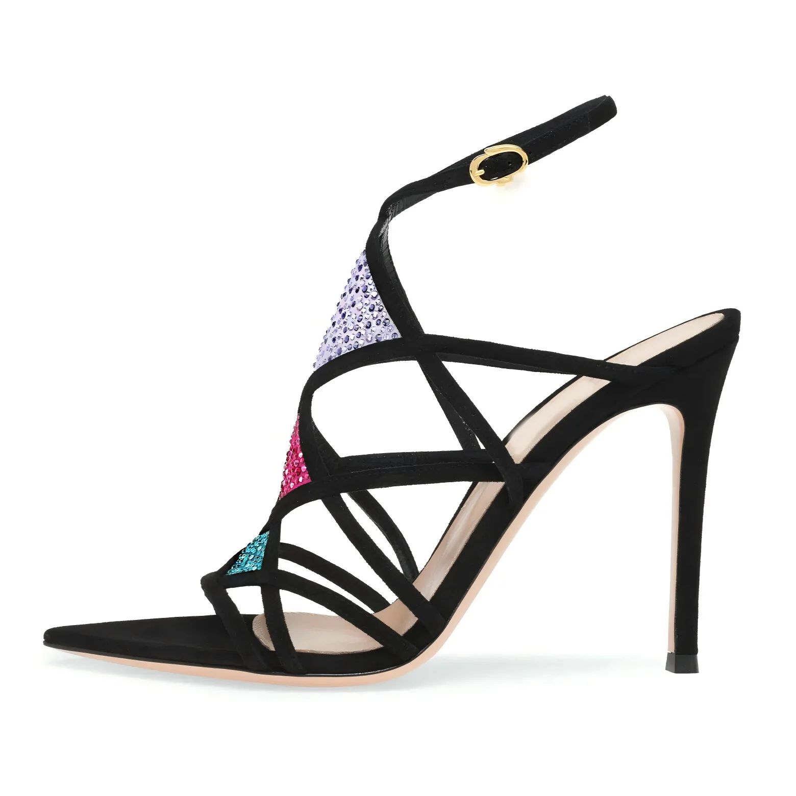 Women Pointed Toe Rhinestone High Heel Sandals Multicolor Crystal Cutout Strappy Slingback Stiletto Party Dress Sandals 4