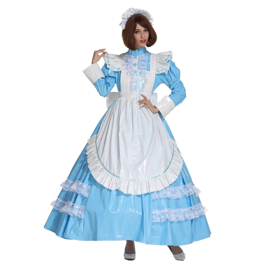 Sissy Girl French Maid Lockable PVC Baby Blue Female Accent Adult Giant Baby Little Girl Long Dress Cross Dresser Party Role