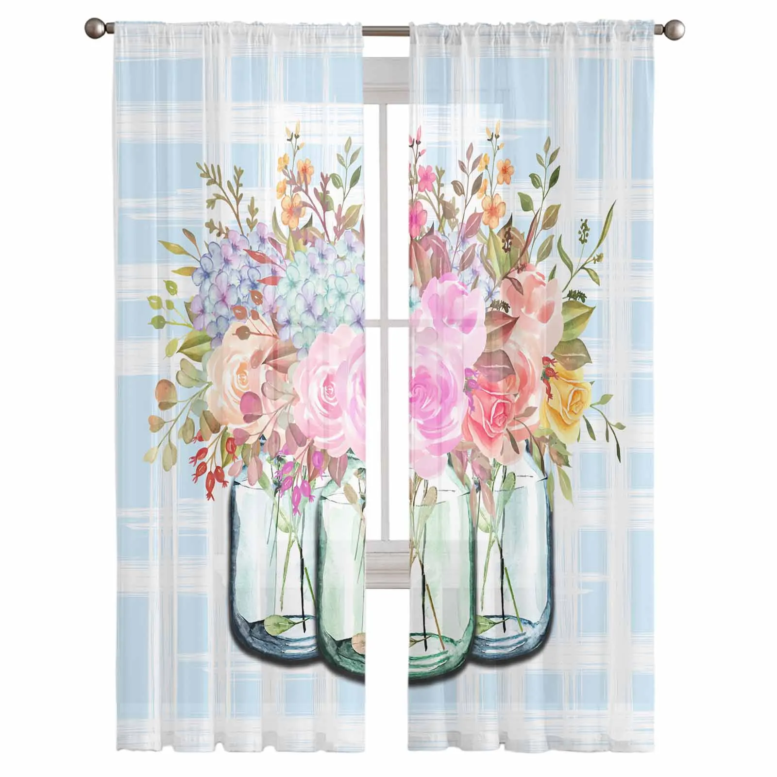 Floral Leaf Grid Gradient Window Treatment Tulle Modern Sheer Curtains for Kitchen Living Room Bedroom Curtains Decor