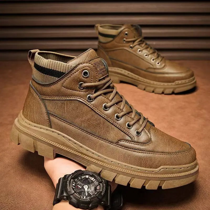 

Men's Autumn Winter Leather High Top Work Boots Thick Sole Non Slip Waterproof Lace Up Flat Sole Round Toe Outdoor Ankle Boots