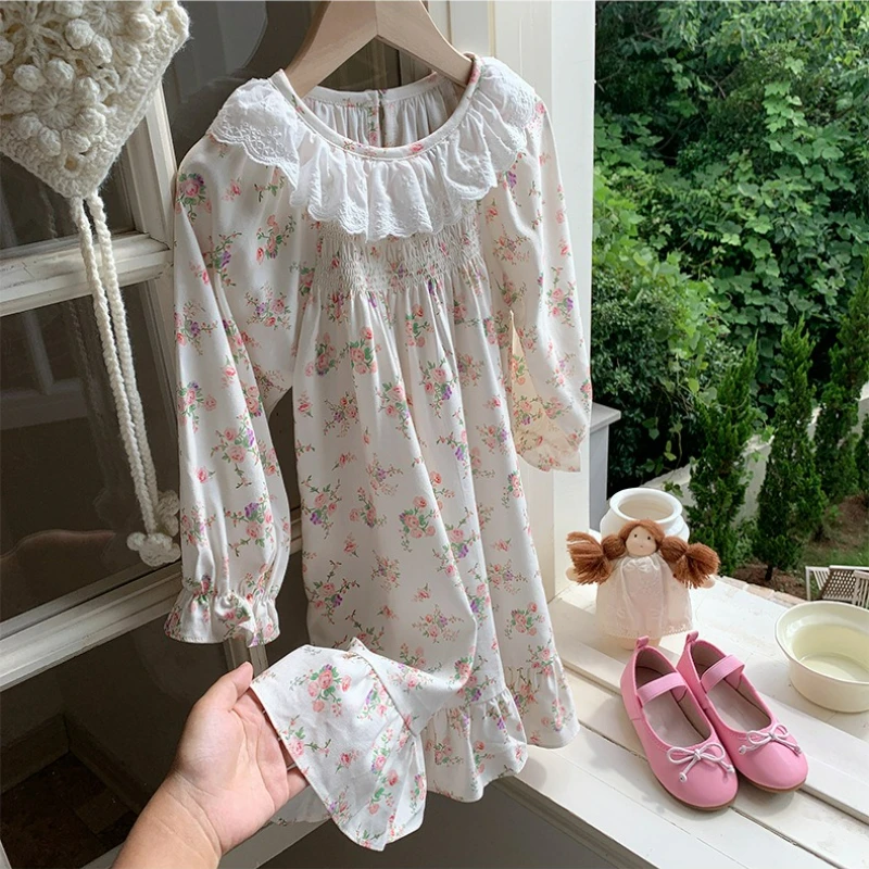 2025 Autumn Style Lace Lotus Leaf Collar Sweet Children's Dress Korean Cotton Cake Skirt Girls Princess Dress