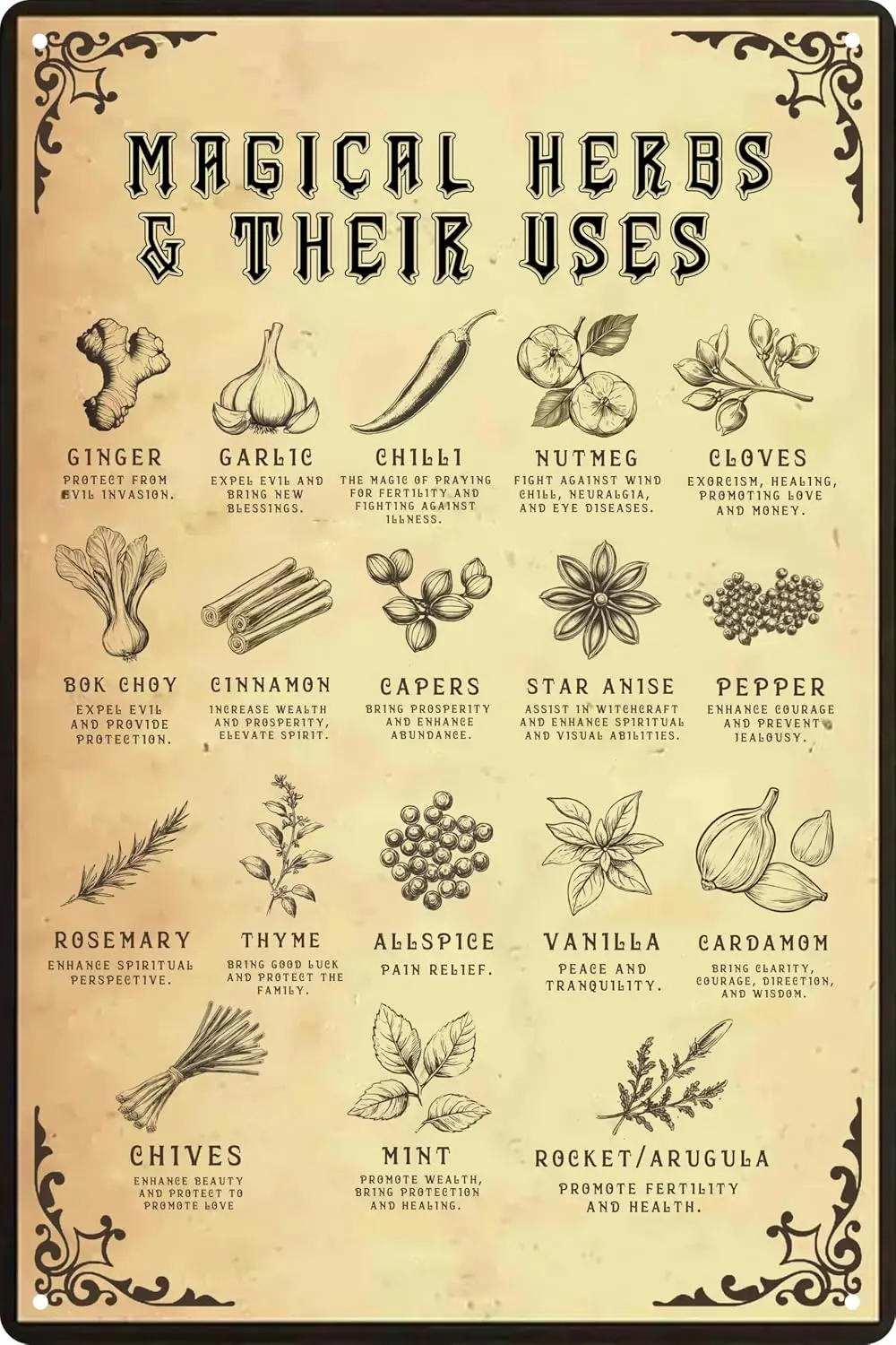 Retro Metal Tin Sign Magical Herbs And Their Uses Witchy Poster Wall Art Vintage Witches Magic Knowledge For Man Cave For Living
