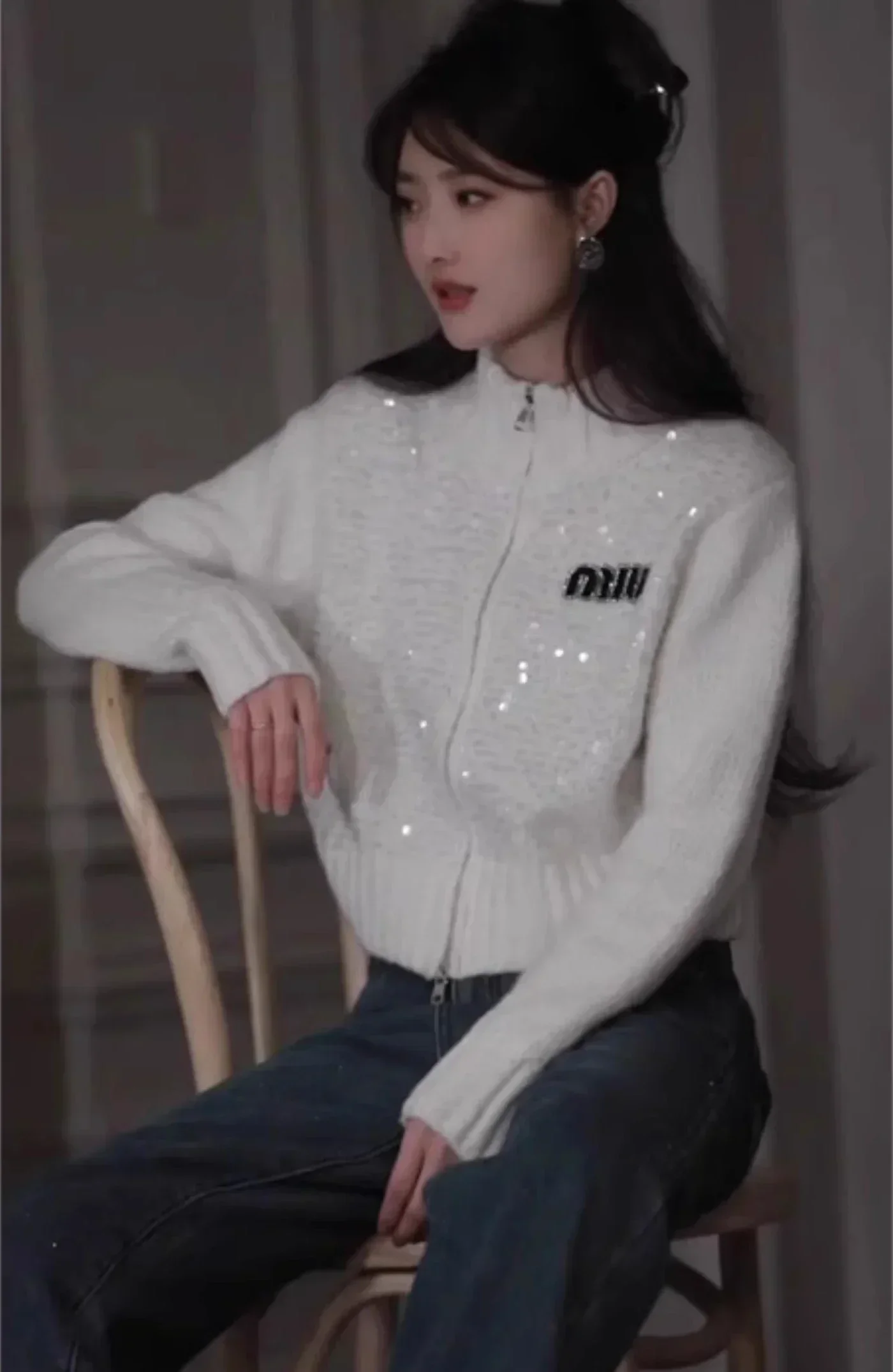 Autumn Winter Retro White Letters Embroidery Sequins Knitted Cropped Cardigans Sweater Jacket Women Kawaii Zipper Sweater Tops