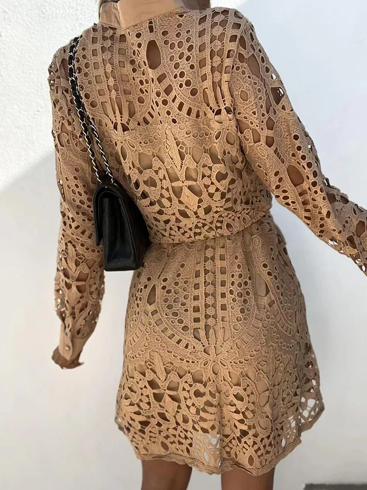 Primavera outono sólido vintage feminino oco mini vestido com decote em v manga comprida casual senhoras cardigan vestido streetwear dropshipping