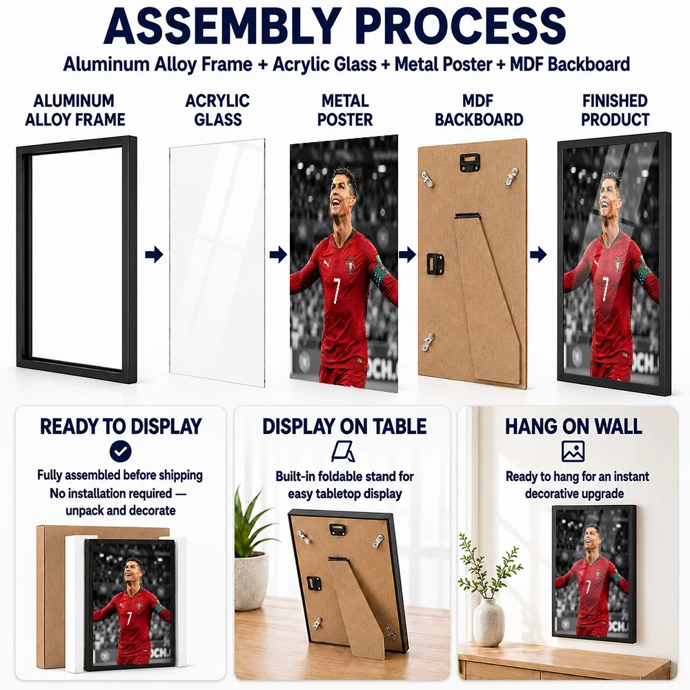 Cristiano Ronaldo Celebrating In Portugal Jersey Framed Metal Print Customized Photo Energetic Motion Style Wall Art For Study