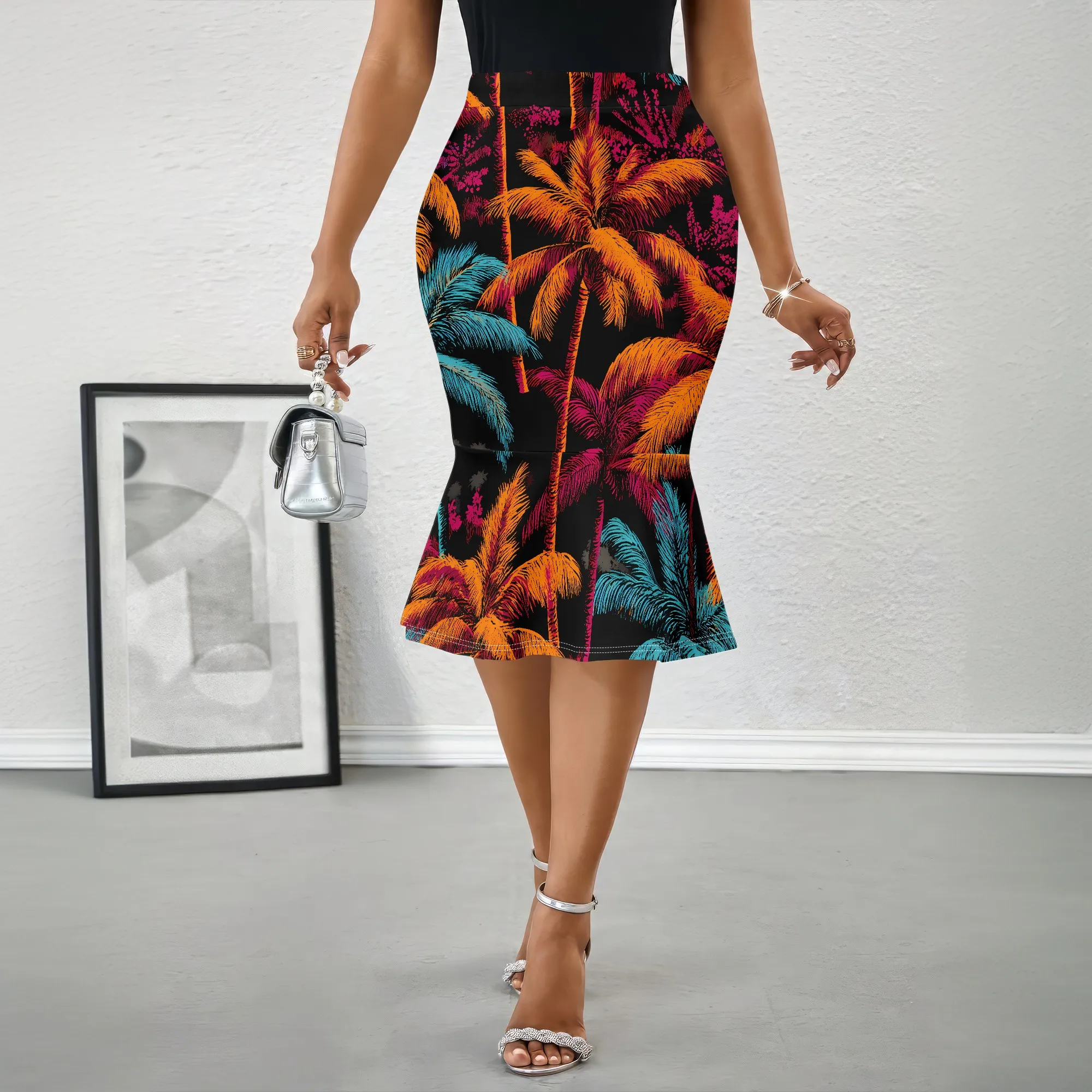 Tropical Palm Tree Print Skirt, Colorful Coconut Pattern Midi Skirt, High Waist Mermaid Hem Beachwear for Women, S-2XL