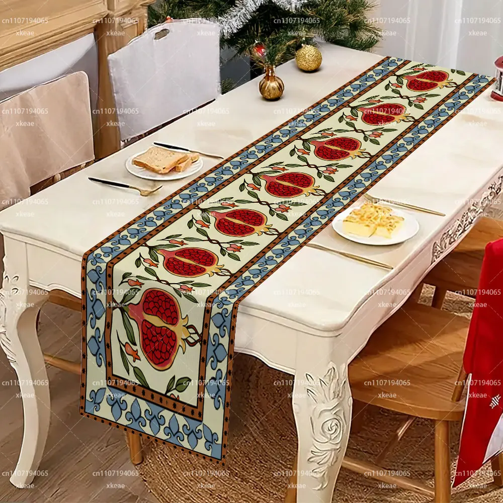 Rosh Hashanah Pomegranate Table Runner, Jewish New Year Ethnic Fruit Floral Border Print Table Runner, Vintage Decorative Tablec