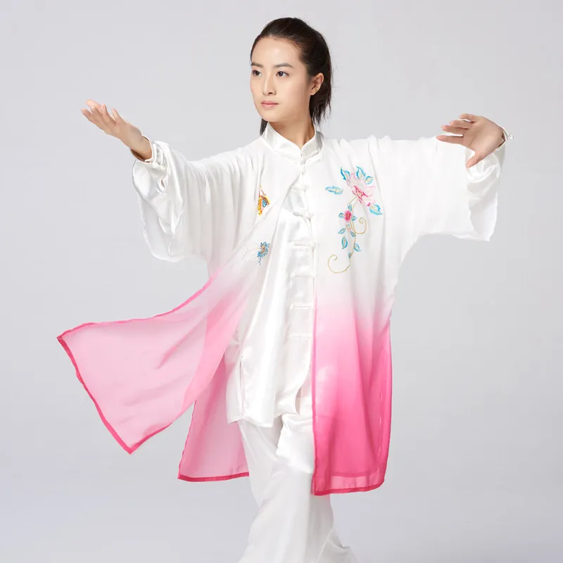 Women's Unisex Tai Chi Suit Gradient Magenta Peony Embroidery Shawl Collar Performance & Competition Wear