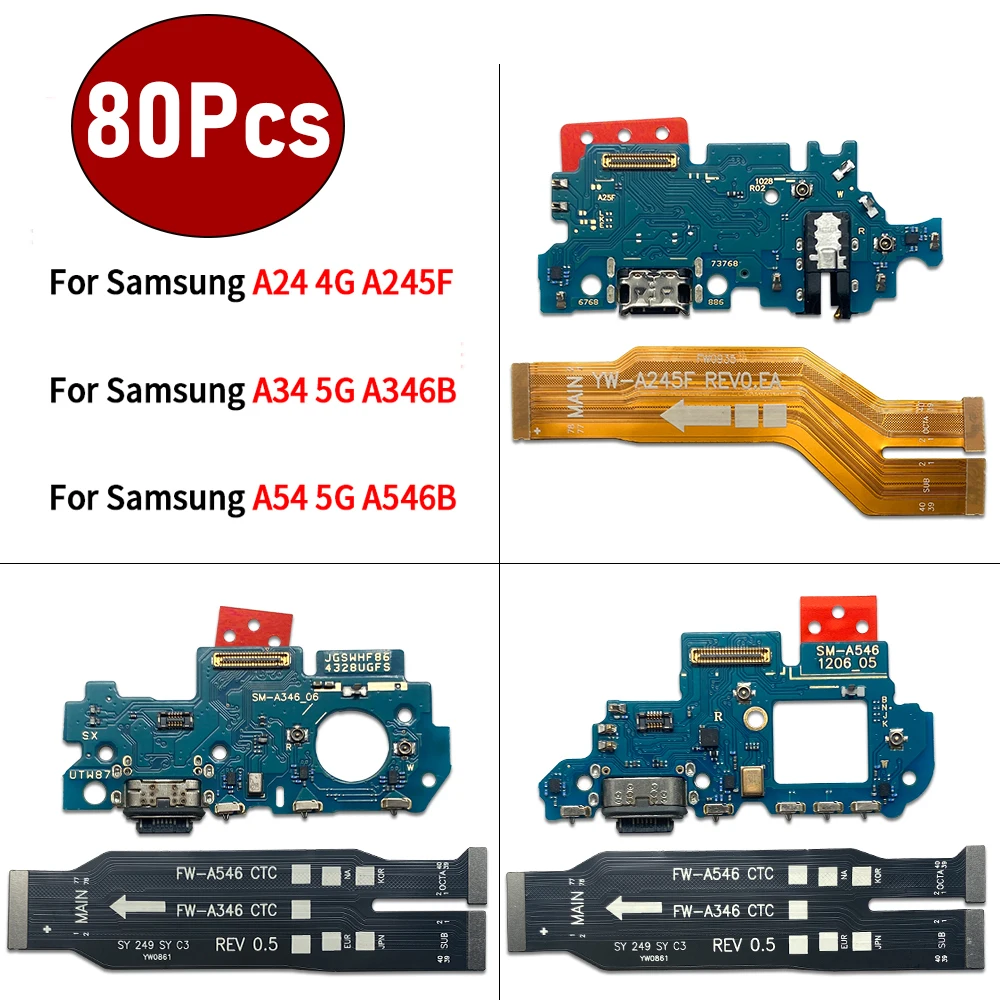 80Pcs，USB Charging Port Microphone Dock Connector Main Motherboard Flex Cable Parts For Samsung A24 4G A245F A35 A346B A54 5G