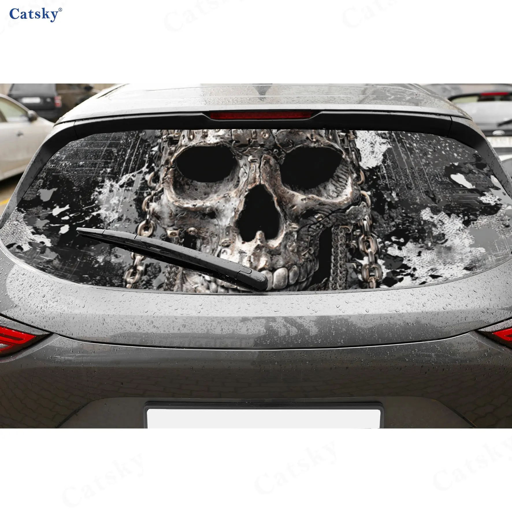 Chain Skull Grunge Adventure PVC Perforated Car Vinyl Wraps, Durable Car Rear Windshield Sticker, Waterproof Car Rear Window Dec