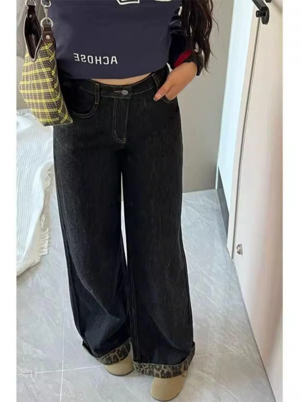 High Waist Wide Leg Denim Jeans Women's Spring Lazy Loose Feel Leopard Print Patchwork Cuffed Jeans Casual Long Pants