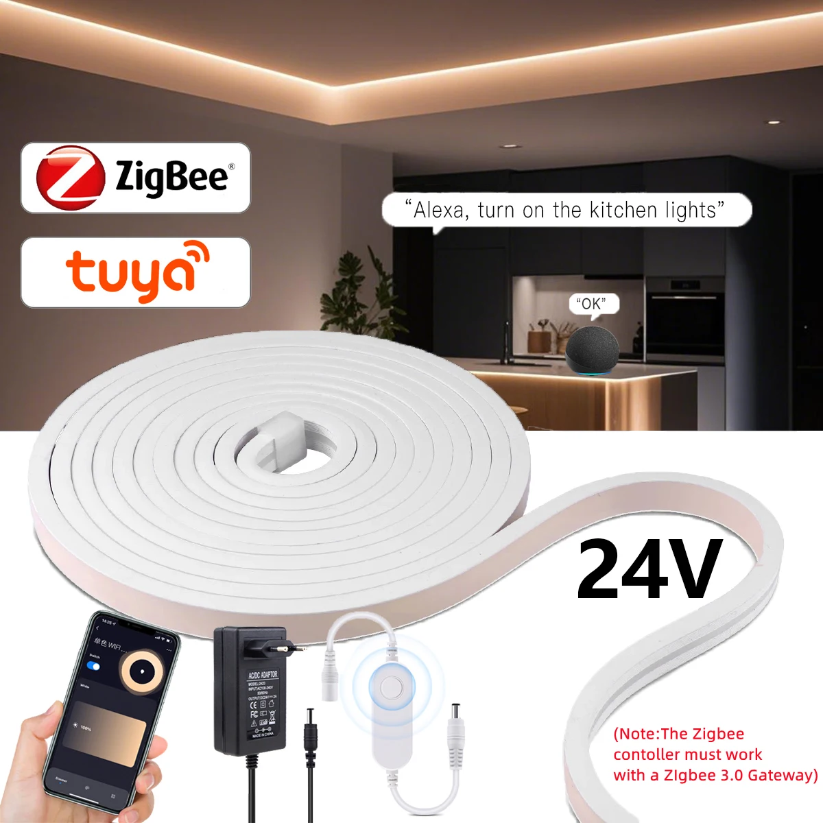 Tuya Zigbee Dimmable LED Strip Closet Light 24V Ra90 Waterproof 320LEDs/m Smart APP Voice Control Flexible Ribbon Neon Tape