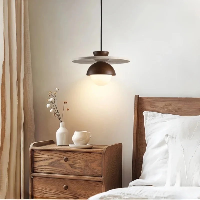 Mid-Century Walnut Wood Pendant Light with Glass Globe for Kitchen Island Bedroom Bedside