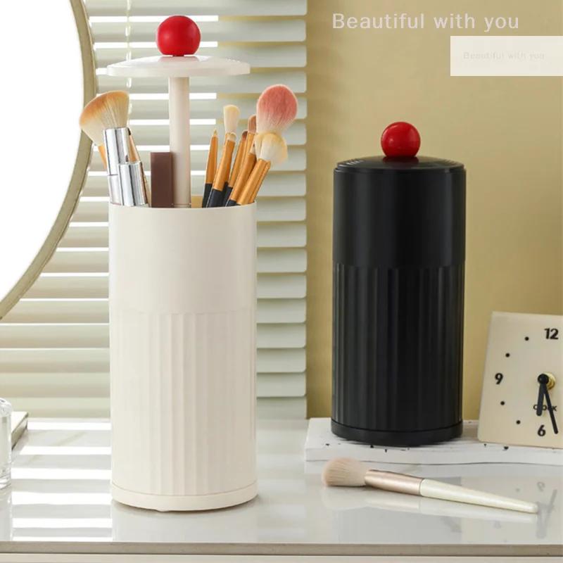 Automatic Lifting Makeup Brushes Holder With Lid Dustproof Makeup Organizer For Vanity Cosmetic Storage Box Lipstick Container ﻿