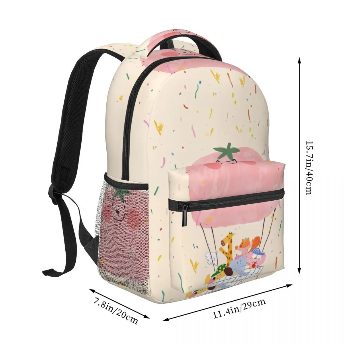 Heart School Backpack Center Hot Air Balloon Whimsical Illustration Cream Pink Multi Girls Bookbag for Valentine Birthday Daily