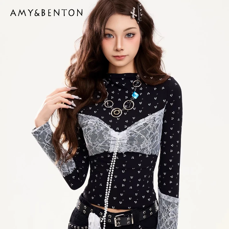 

Floral Small Stand-up Collar Long-sleeved Women's T-shirts 2026 Spring New Lace Splicing Y2k Fashion Hot Girl T-shirt Top Ladies