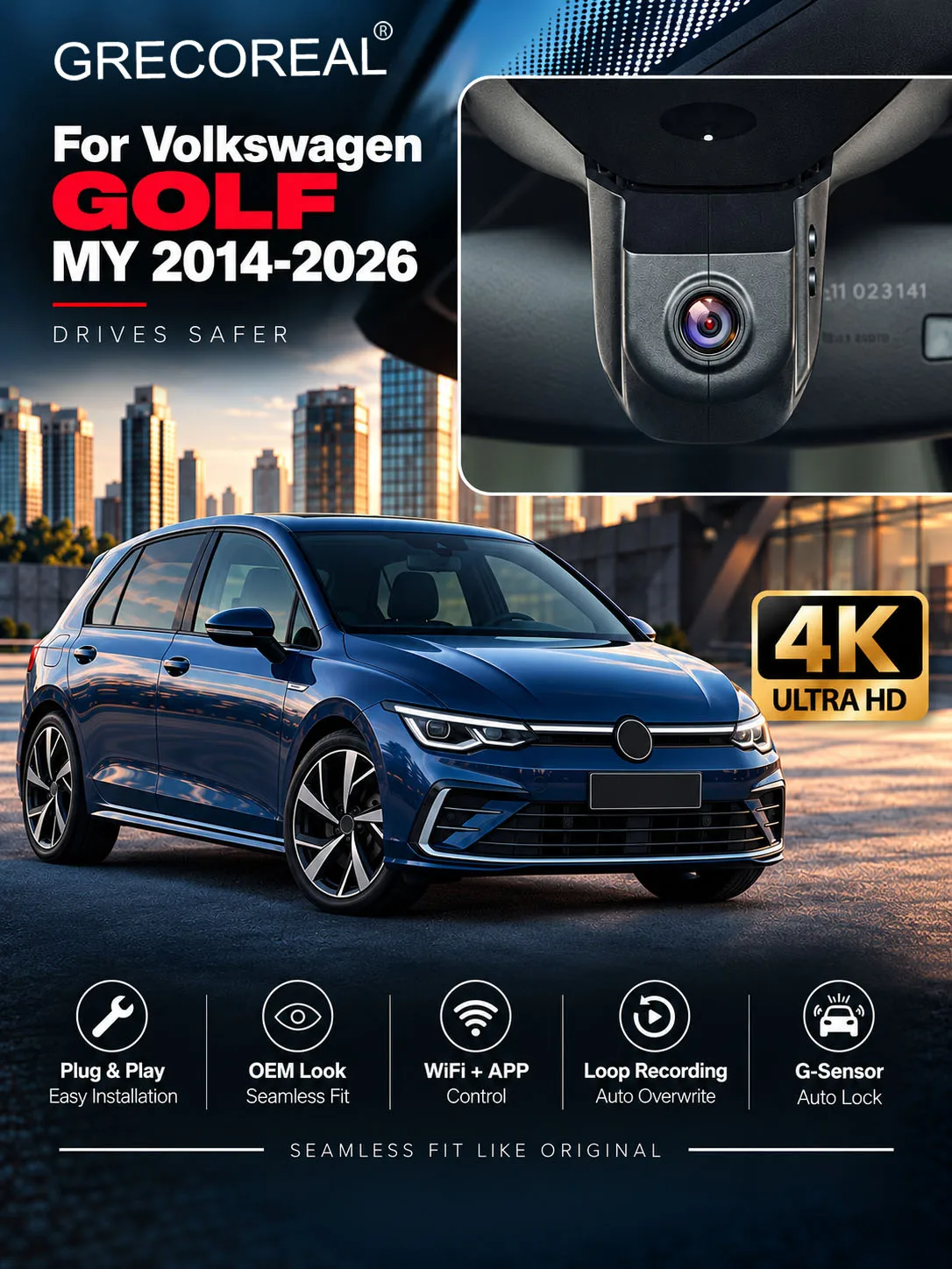 GRECOREAL 4K WLAN Dual-Kamera Dashcam App-Steuerung Plug&Play Auto-Dashcam für Volkswagen Golf MY 2014-2026