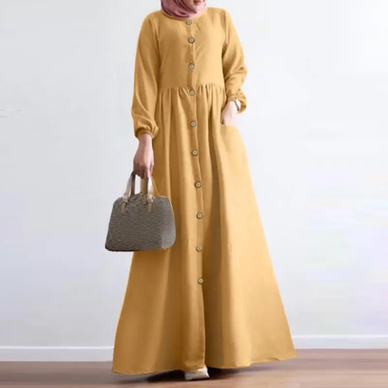 2023 Muslim Abayat Dress Literary Temperament Cotton Robe Femme Musulman Long Sleeve Round Neck Big Swing Ladies Dress Wholesale