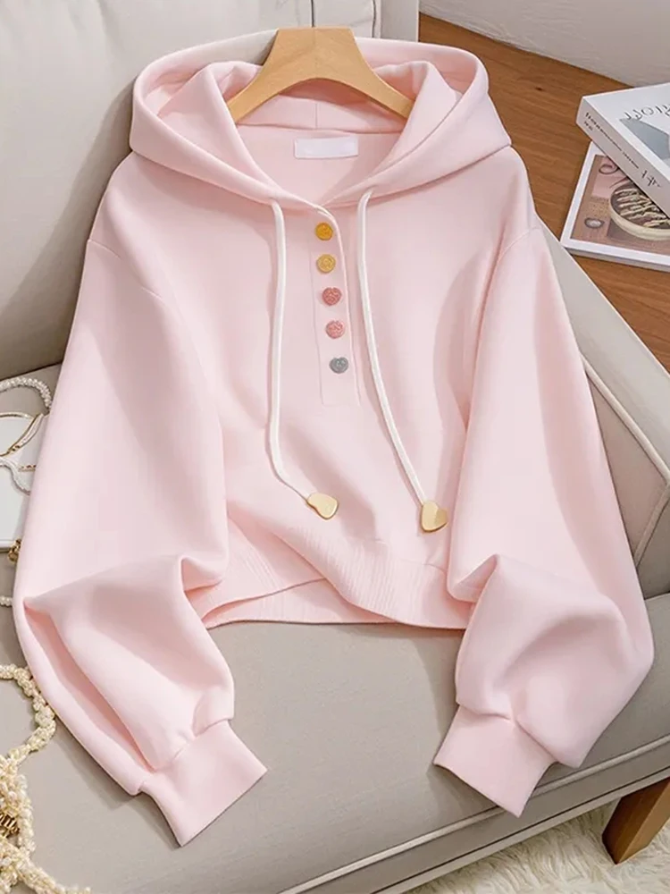 Zoki Sweet Pink Hoodies Women Fashion Elegant Long Sleeve Sweatshirts Korean Loose Casual Buttons Female Preppy Style Top Spring