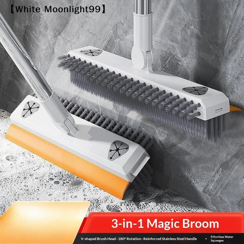 3 In 1 Floor Scrub Brush With Squeegee Rotatable Hard Bristle Cleaning Brush For Bathroom Tile Gap Patio Wall Cleaning〔White〕