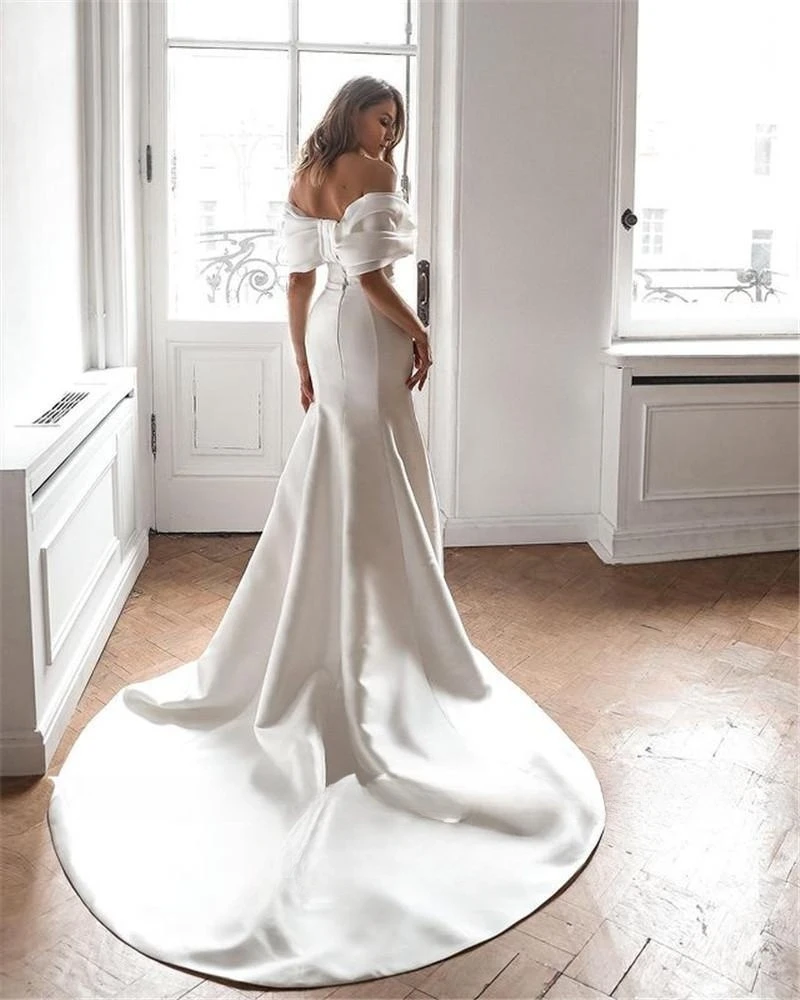 Charming Off the Shoulder Satin Mermaid Wedding Dresses 2022 Mermaid Sleeves Court Train Customize  To Measures Robe De Mariee