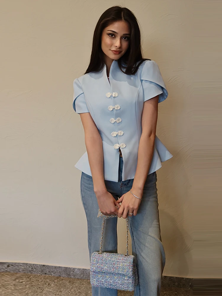 Puffärmel-Oberteil mit Froschknöpfen und Taillenschnürung für Damen, Vintage-Stehkragen, Kurze Ärmel, Rüschen, Schlankes Top, Modische Damenmode, Neue Streetwear – Detail 26