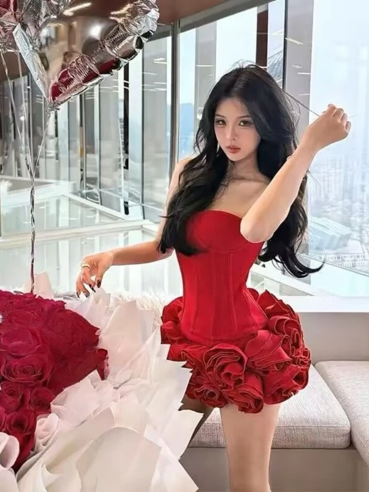 

Streetwear 3D Flower Fairy Strapless Dress Women Y2k Aesthetic Sexy Vintage Mini Dress Harajuku Summer Grunge Bodycon Vestidos