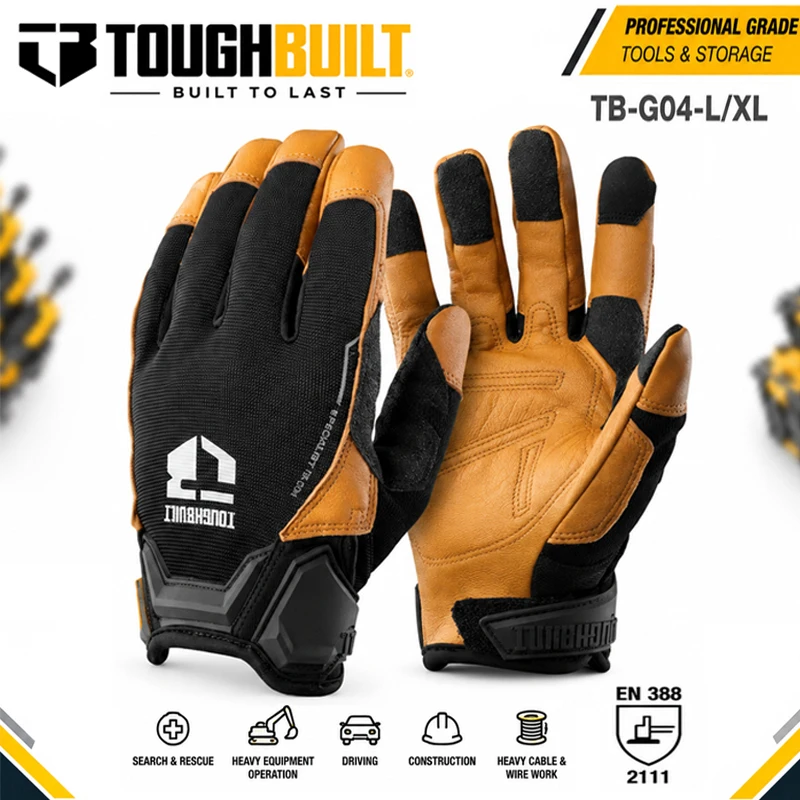 TOUGHBUILT TB-G04-L/XL Specialist Mid-Duty Work Gloves, Touchscreen Compatible, Padded Genuine Leather Palm Protective Gloves