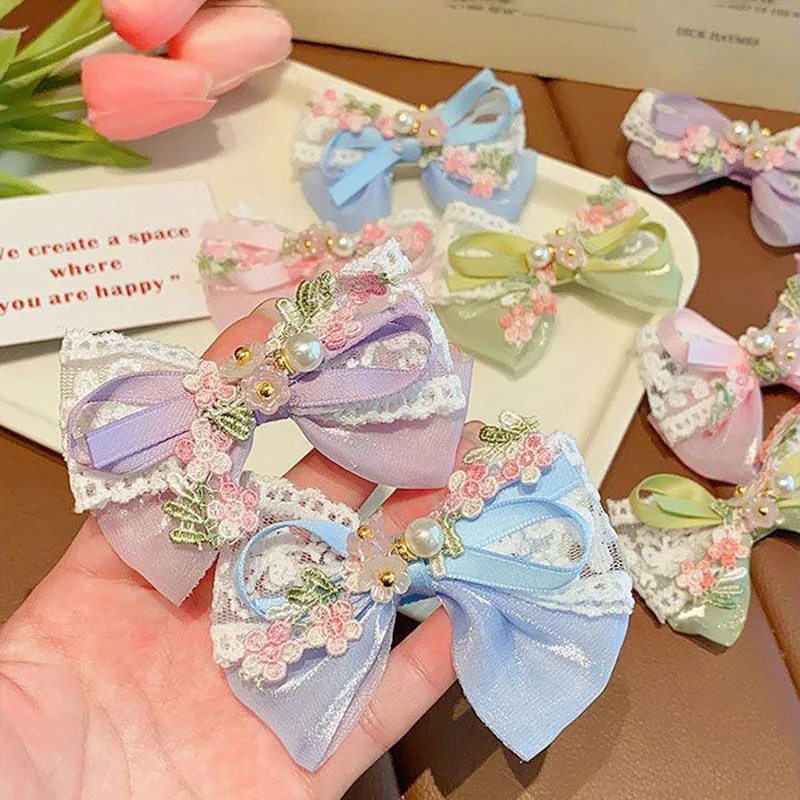 2 Teile/satz Nette Blume Stickerei Bogen Haar Clips für Baby Mädchen Süße Bowknot Ente Zunge Clips Kinder Barrettes Fee Kopfschmuck
