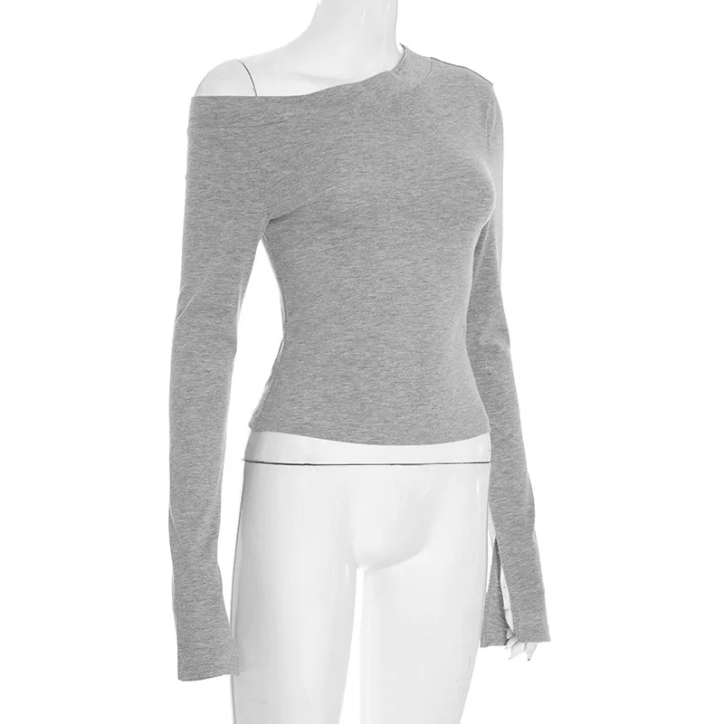 가을 겨울 원숄더 Y2K 여성 티셔츠 의상 긴팔 스플릿 풀오버 셔츠 스트리트웨어 슬림 크롭탑 티셔츠 선물