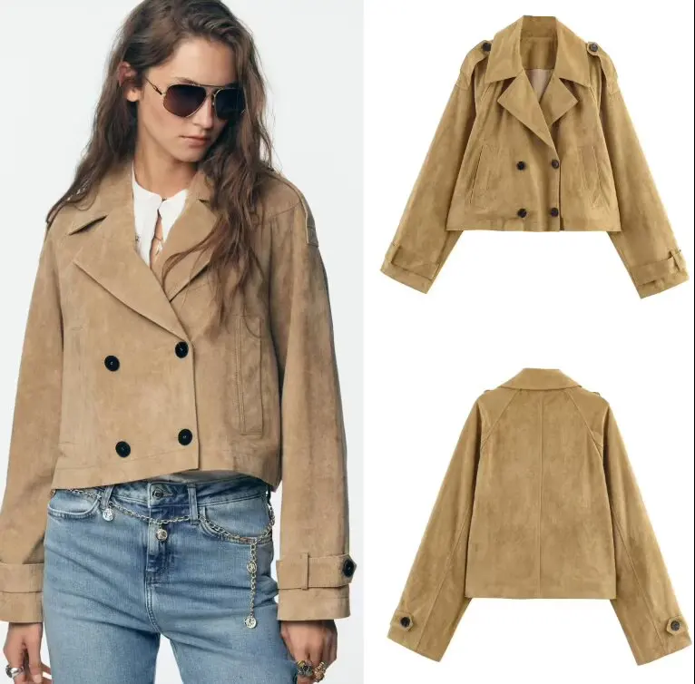 

Khaki Double-breasted Short Jacket 2025 Autumn New Ladies Street Turn Down Collar Pockets Button Coats Women's Casual Streetwear